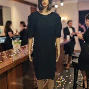 Vintage Cocktail Dress 80s Stenay Black Beaded Silk Little Black Dress Deadstock